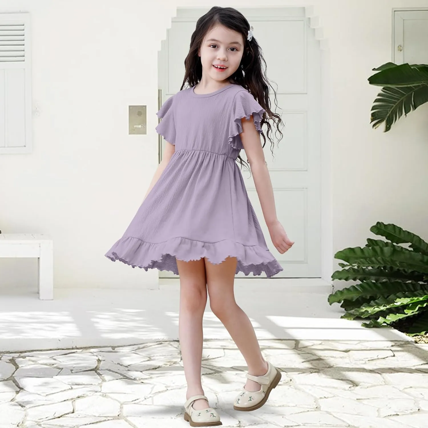 Neutocd Toddler Girl Dress Ruffled Short Sleeve Flowy Tiered Kid Baby Girl Summer Party Beach Boho Swing Dress Sundress