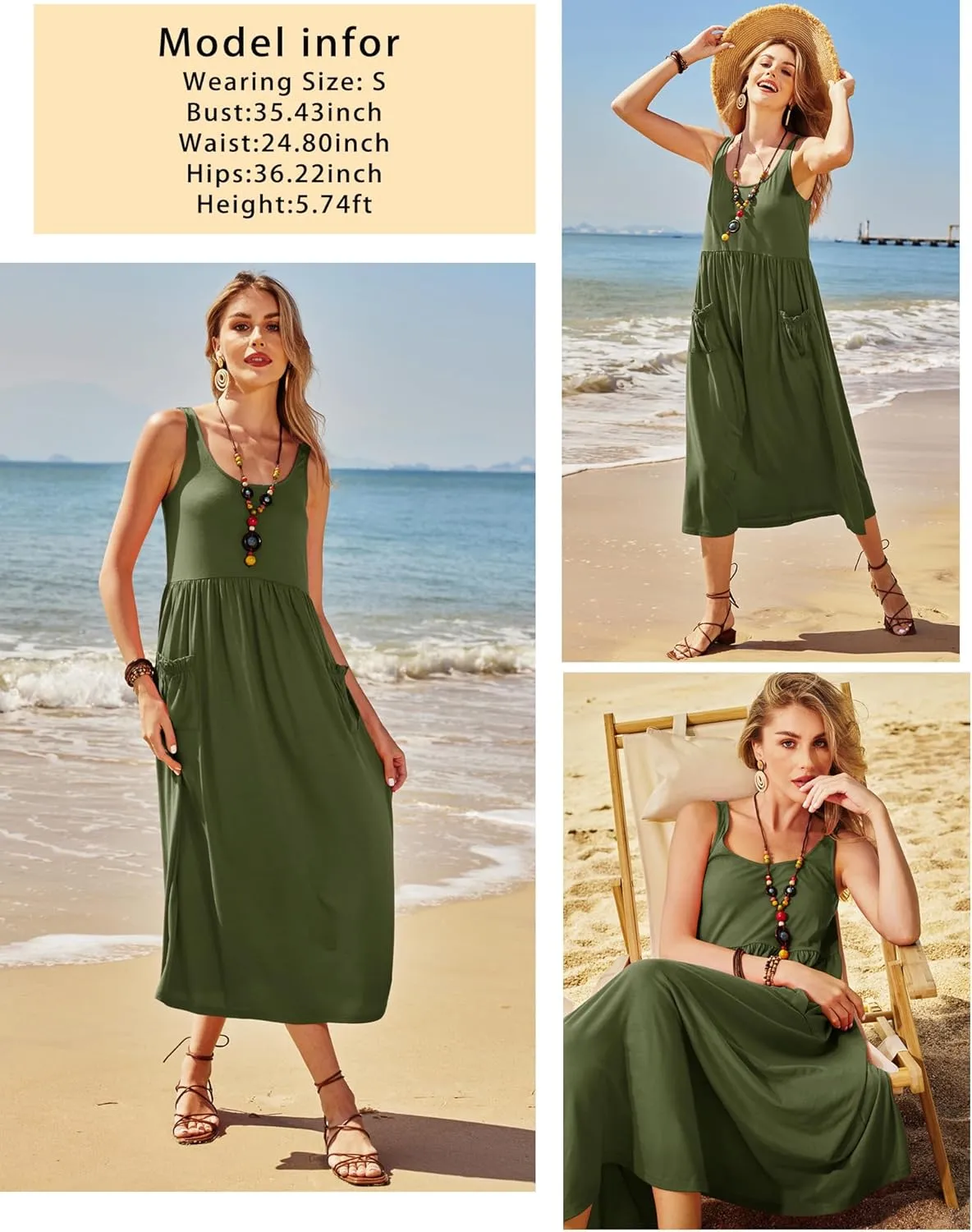 Newshows Women's 2024 Summer Sundresses Casual Beach Vacation Outfits Long Flowy Sleeveless Tank Maxi Dress with Pockets