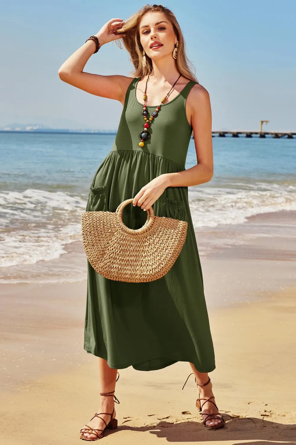 Newshows Women's 2024 Summer Sundresses Casual Beach Vacation Outfits Long Flowy Sleeveless Tank Maxi Dress with Pockets