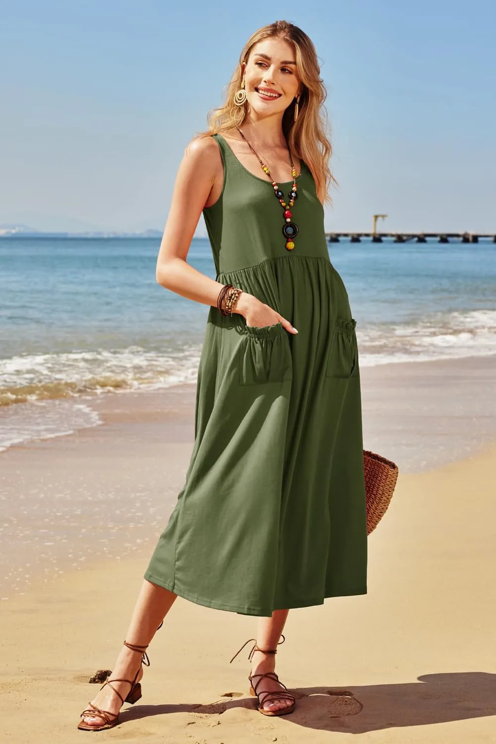 Newshows Women's 2024 Summer Sundresses Casual Beach Vacation Outfits Long Flowy Sleeveless Tank Maxi Dress with Pockets