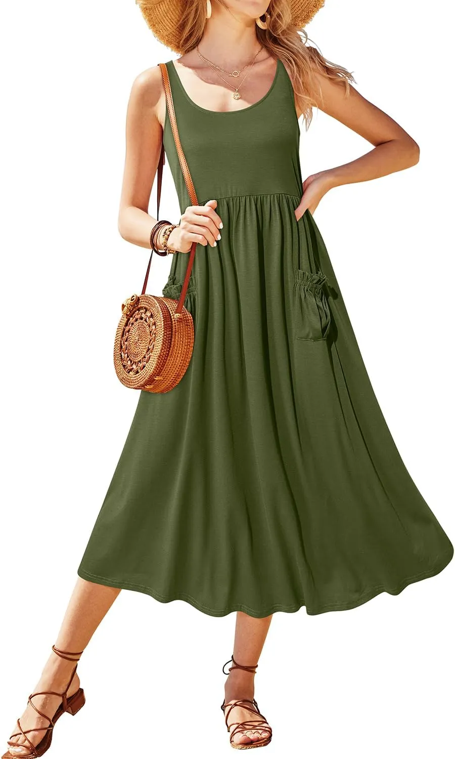 Newshows Women's 2024 Summer Sundresses Casual Beach Vacation Outfits Long Flowy Sleeveless Tank Maxi Dress with Pockets