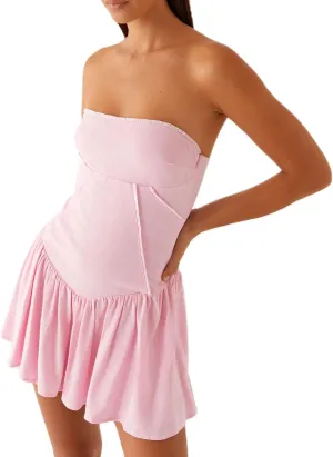 NUFIWI Women Strapless Drop Waist Flare Hem Mini Dress Off Shoulder Ruffle Ruched Short Dress A Line Mini Bandeau Dresses