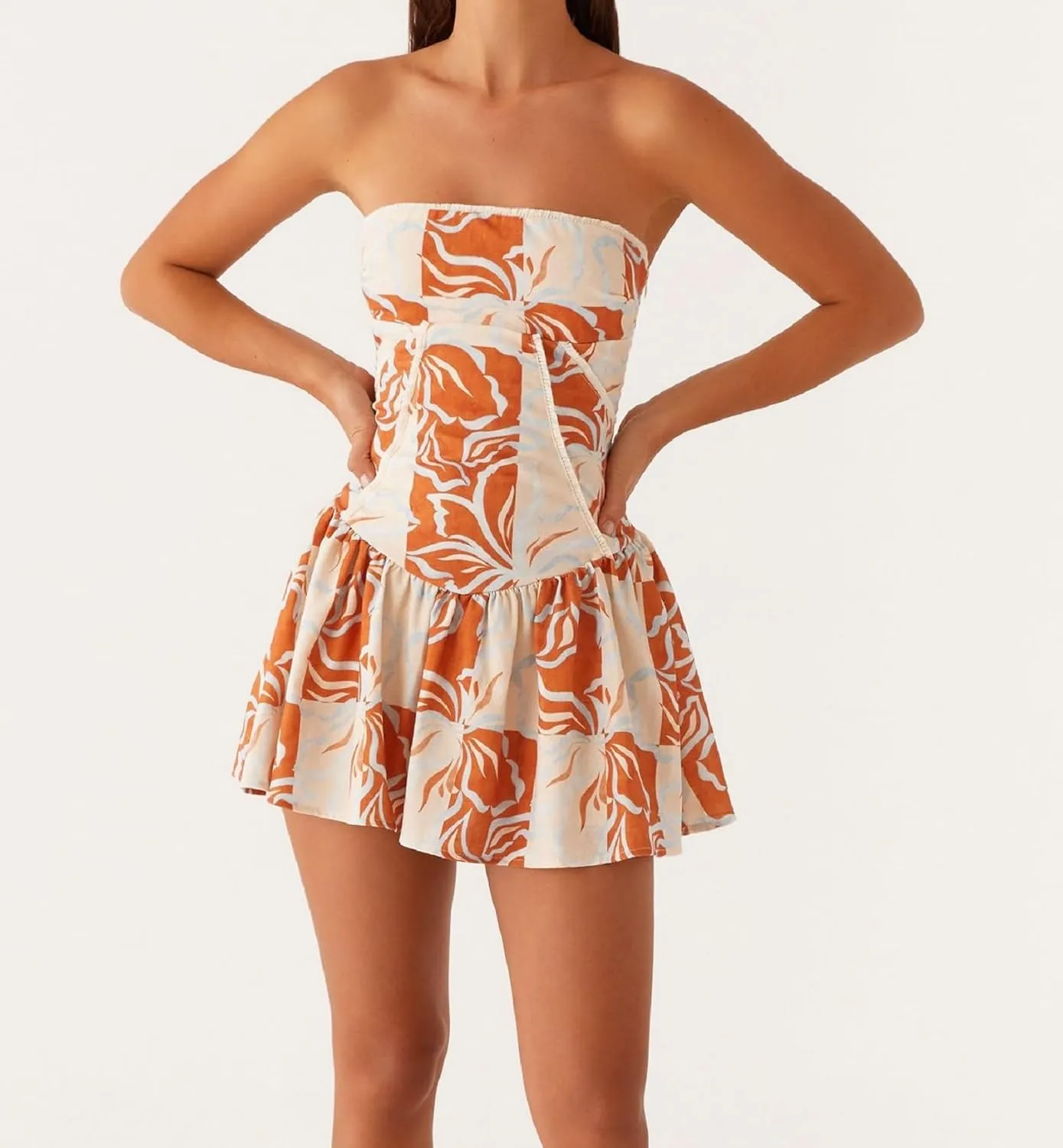 NUFIWI Women Strapless Drop Waist Flare Hem Mini Dress Off Shoulder Ruffle Ruched Short Dress A Line Mini Bandeau Dresses