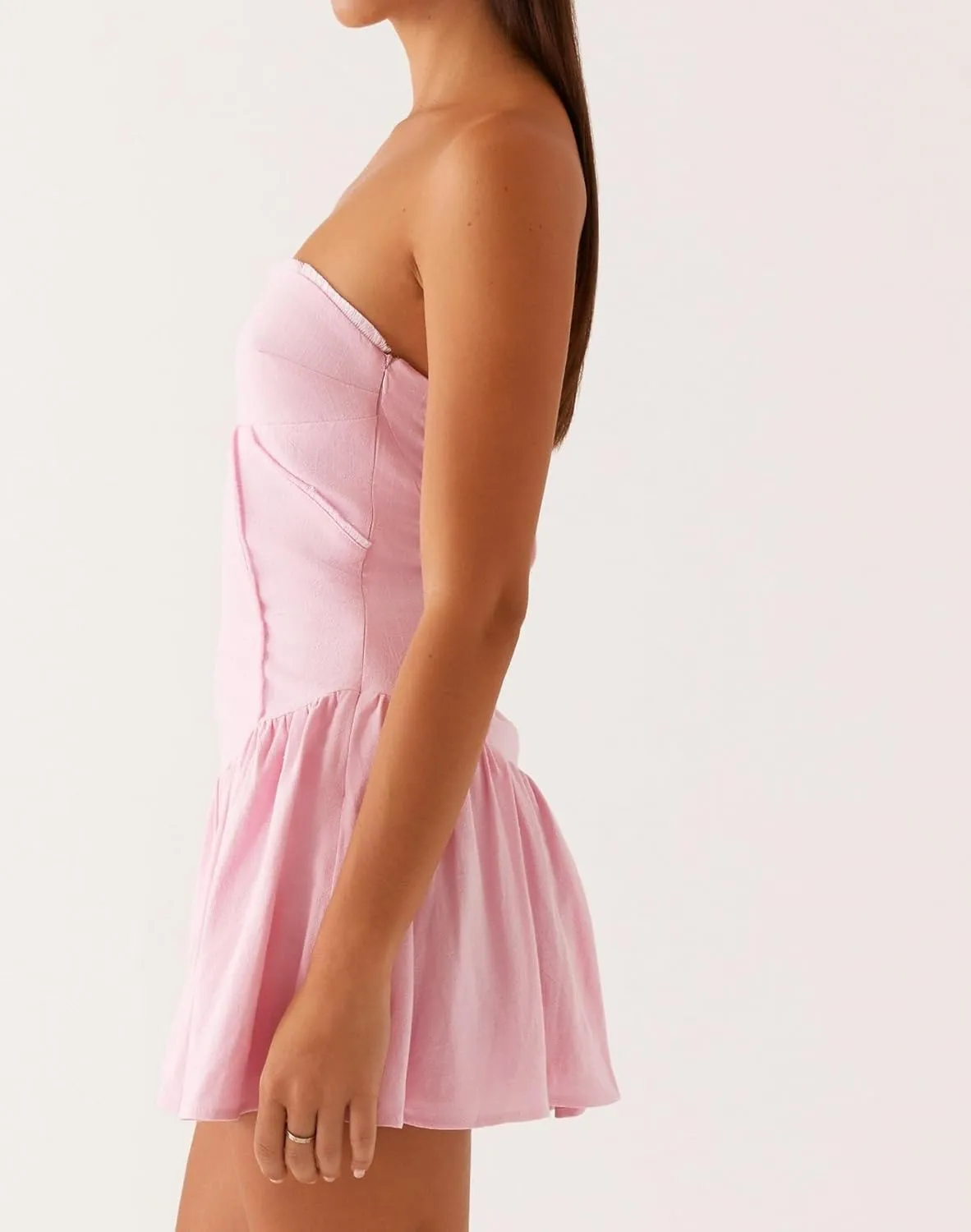 NUFIWI Women Strapless Drop Waist Flare Hem Mini Dress Off Shoulder Ruffle Ruched Short Dress A Line Mini Bandeau Dresses