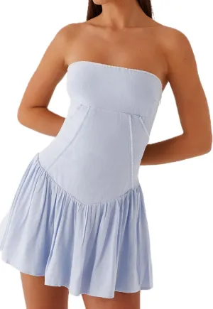 NUFIWI Women Strapless Drop Waist Flare Hem Mini Dress Off Shoulder Ruffle Ruched Short Dress A Line Mini Bandeau Dresses