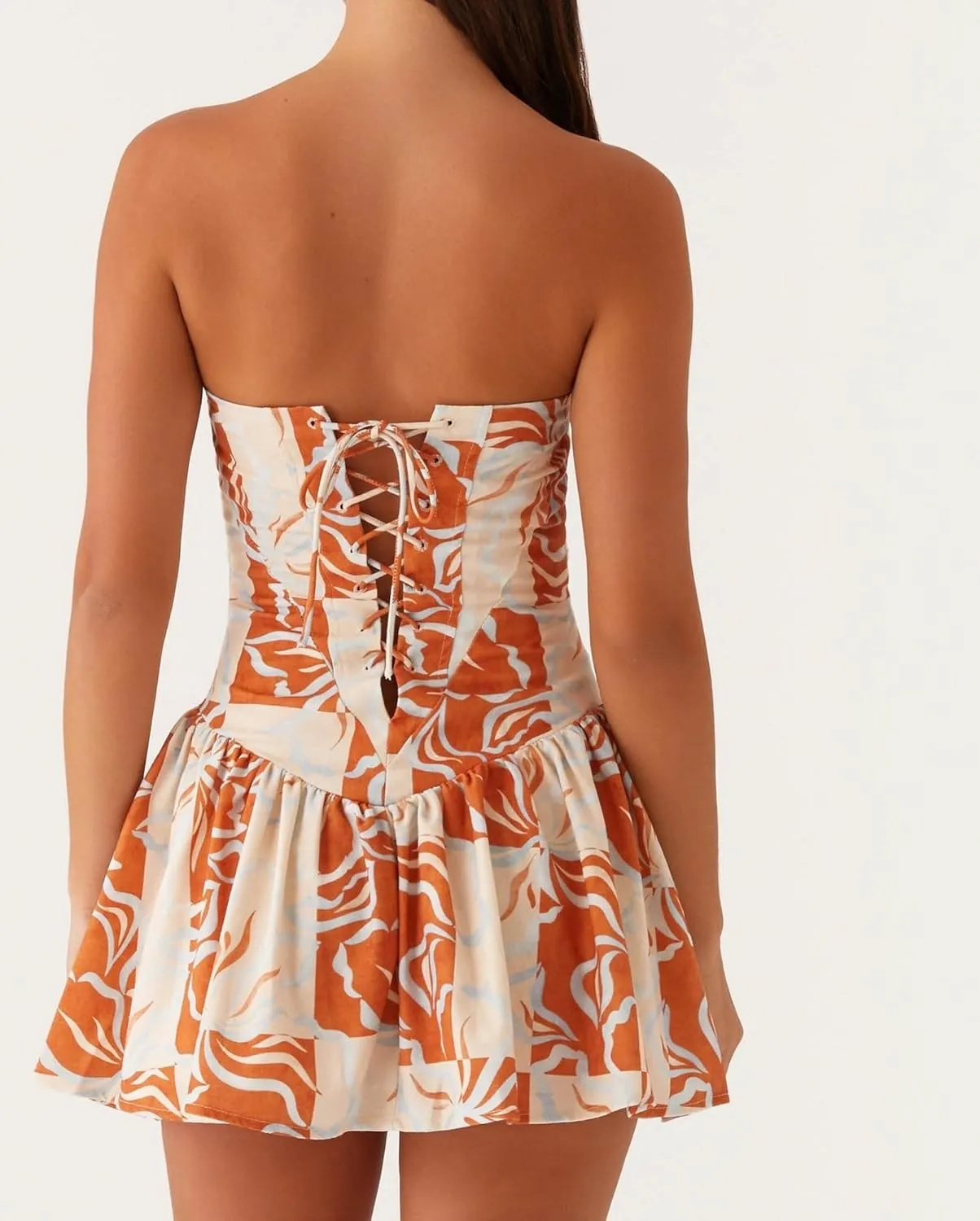 NUFIWI Women Strapless Drop Waist Flare Hem Mini Dress Off Shoulder Ruffle Ruched Short Dress A Line Mini Bandeau Dresses