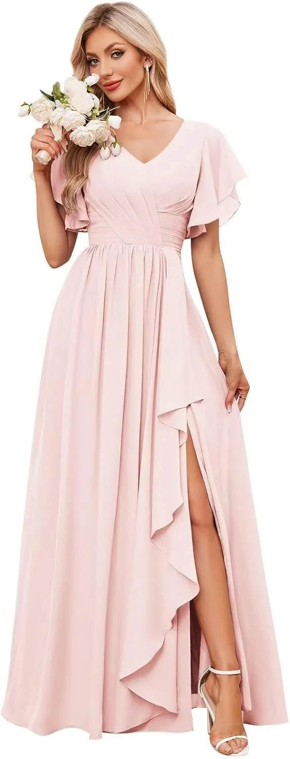 OFEECHUN Women's V Neck Ruffle Bridesmaid Dresses with Pockets Pleated Chiffon Long Evening Formal Gowns with Slit