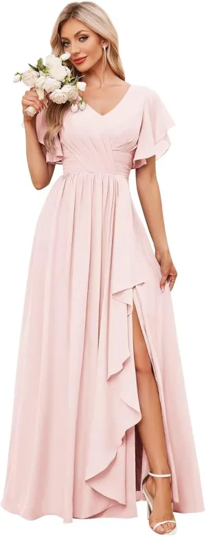 OFEECHUN Women's V Neck Ruffle Bridesmaid Dresses with Pockets Pleated Chiffon Long Evening Formal Gowns with Slit