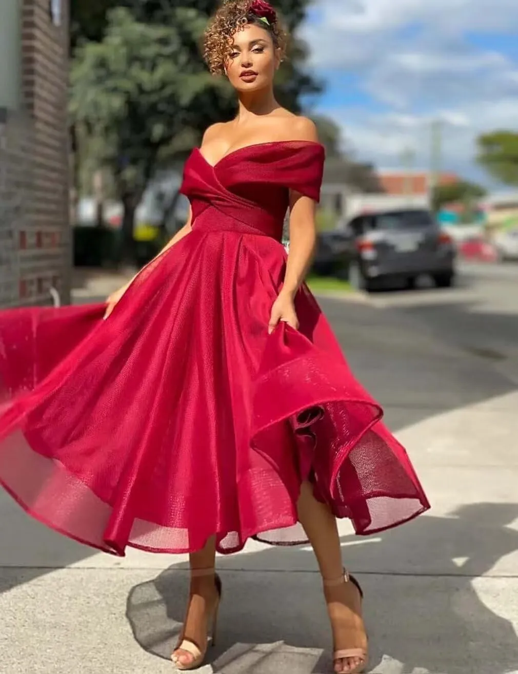 Off Shoulder Prom Dress with Pockets Vintage Cocktail Dresses Midi Length Womens Evening Gown BSPM055