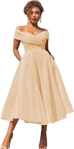 Off Shoulder Prom Dress with Pockets Vintage Cocktail Dresses Midi Length Womens Evening Gown BSPM055