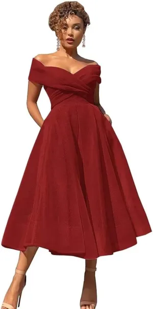 Off Shoulder Prom Dress with Pockets Vintage Cocktail Dresses Midi Length Womens Evening Gown BSPM055