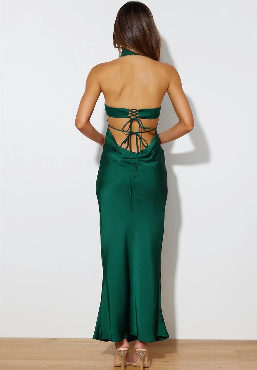 Phicia Sexy Satin Halter Neck Backless Maxi Dress for Women Elegant Tie Cowl Back Formal Wedding Guest Dress for Summer
