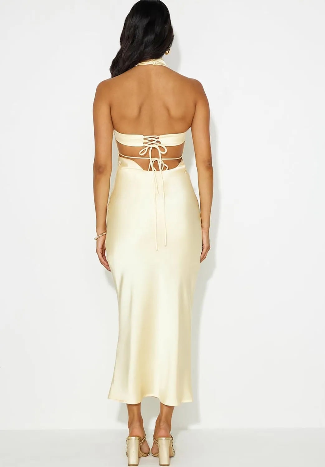 Phicia Sexy Satin Halter Neck Backless Maxi Dress for Women Elegant Tie Cowl Back Formal Wedding Guest Dress for Summer