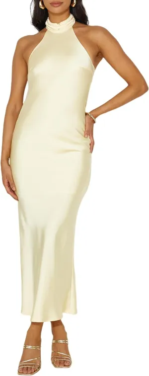 Phicia Sexy Satin Halter Neck Backless Maxi Dress for Women Elegant Tie Cowl Back Formal Wedding Guest Dress for Summer