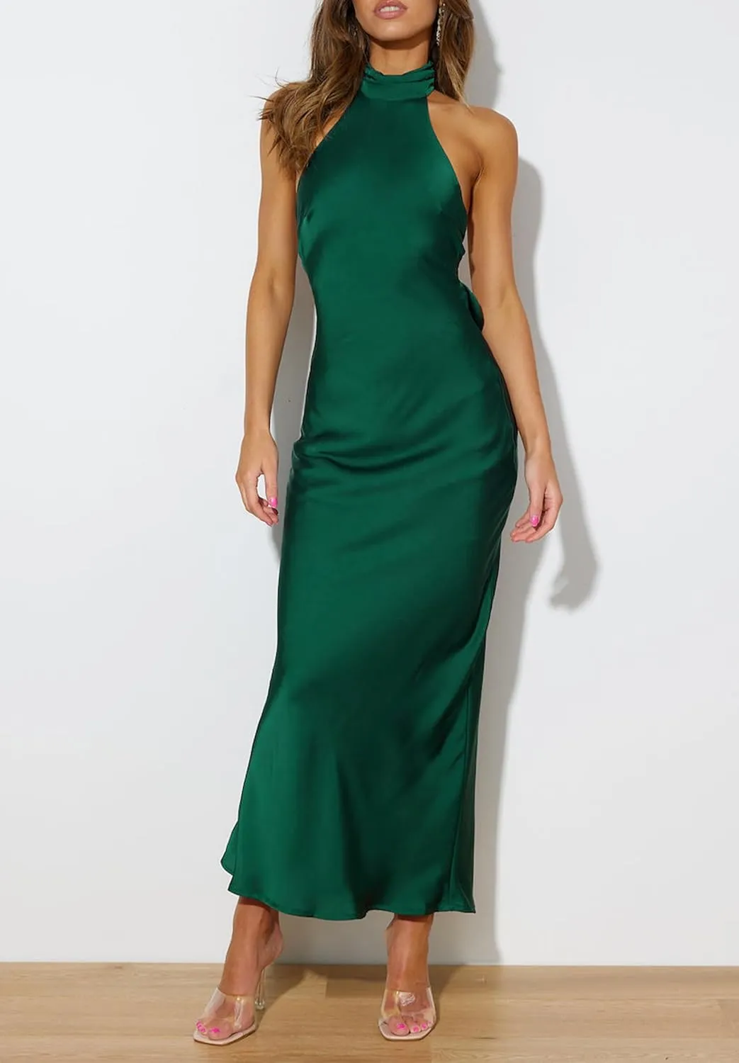 Phicia Sexy Satin Halter Neck Backless Maxi Dress for Women Elegant Tie Cowl Back Formal Wedding Guest Dress for Summer