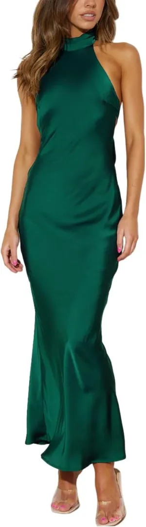 Phicia Sexy Satin Halter Neck Backless Maxi Dress for Women Elegant Tie Cowl Back Formal Wedding Guest Dress for Summer