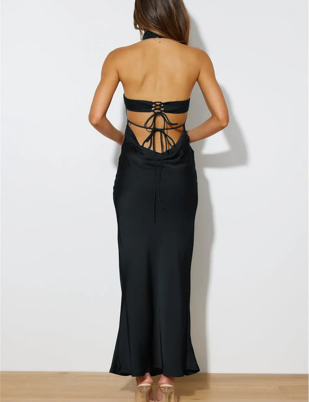 Phicia Sexy Satin Halter Neck Backless Maxi Dress for Women Elegant Tie Cowl Back Formal Wedding Guest Dress for Summer