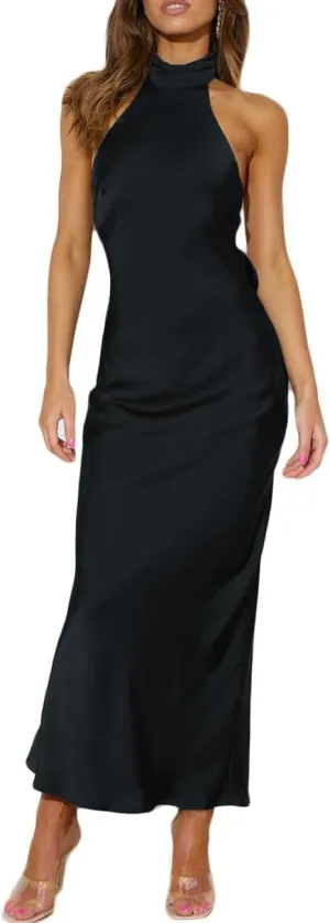 Phicia Sexy Satin Halter Neck Backless Maxi Dress for Women Elegant Tie Cowl Back Formal Wedding Guest Dress for Summer