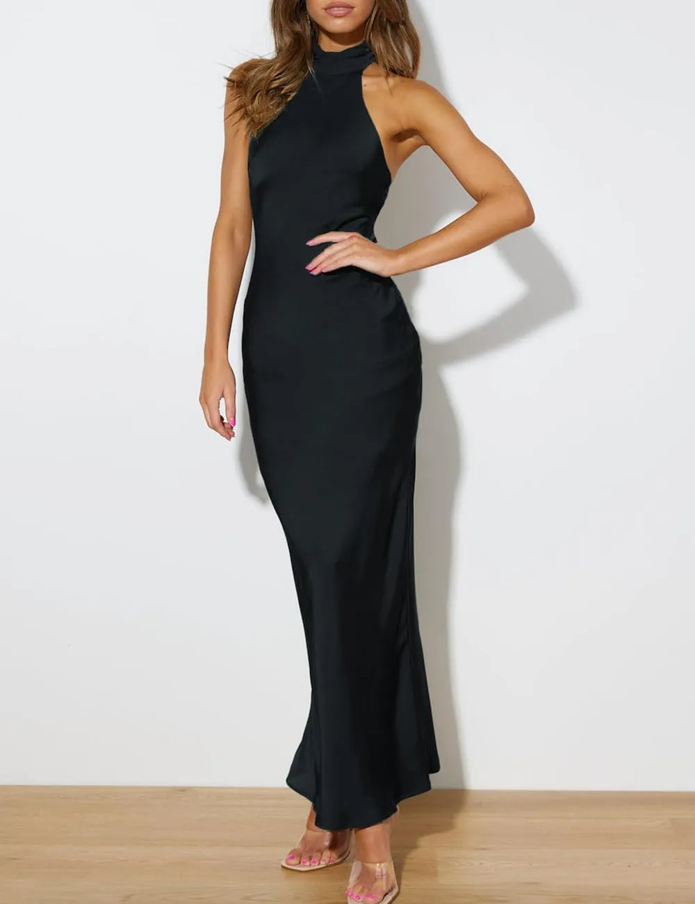 Phicia Sexy Satin Halter Neck Backless Maxi Dress for Women Elegant Tie Cowl Back Formal Wedding Guest Dress for Summer