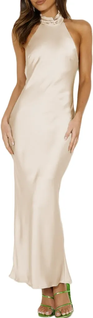 Phicia Sexy Satin Halter Neck Backless Maxi Dress for Women Elegant Tie Cowl Back Formal Wedding Guest Dress for Summer