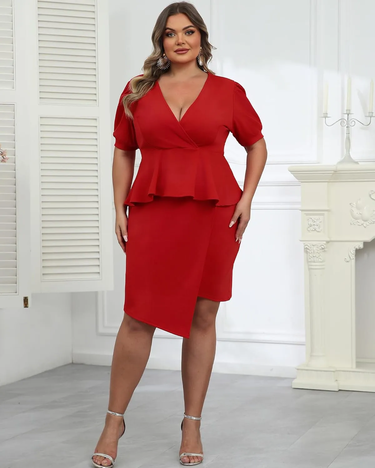 Plus Size 2 Piece Peplum Dress Outfits for Women Sexy Party Cocktail Bodycon Dresses Sets Skirts Suits Sets