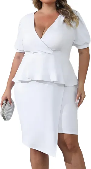 Plus Size 2 Piece Peplum Dress Outfits for Women Sexy Party Cocktail Bodycon Dresses Sets Skirts Suits Sets