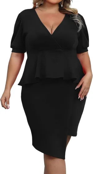 Plus Size 2 Piece Peplum Dress Outfits for Women Sexy Party Cocktail Bodycon Dresses Sets Skirts Suits Sets