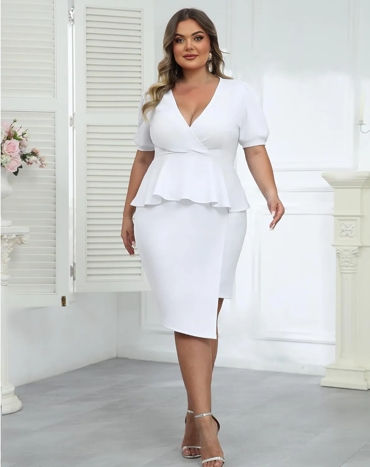 Plus Size 2 Piece Peplum Dress Outfits for Women Sexy Party Cocktail Bodycon Dresses Sets Skirts Suits Sets