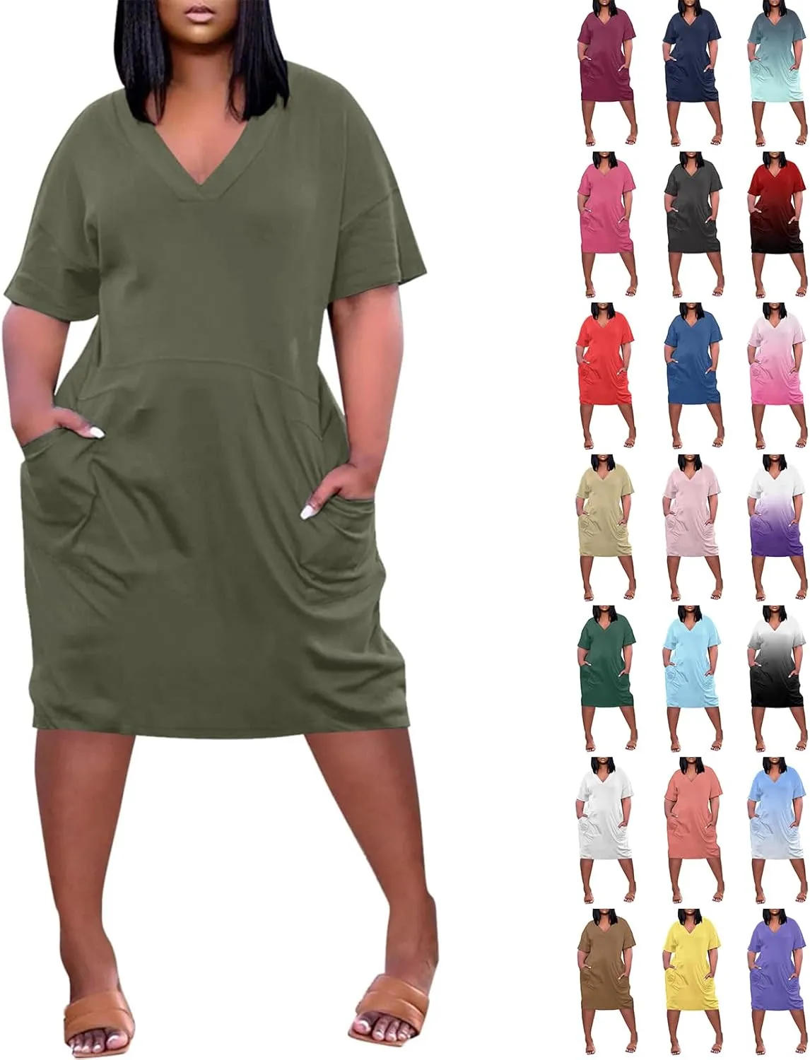 Plus Size Dresses for Women Oversized T Shirt Dress Loose Fit V Neck Short Sleeve Midi Dress Soft Cotton Nightgowns