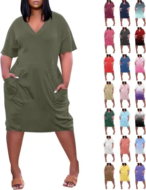 Plus Size Dresses for Women Oversized T Shirt Dress Loose Fit V Neck Short Sleeve Midi Dress Soft Cotton Nightgowns