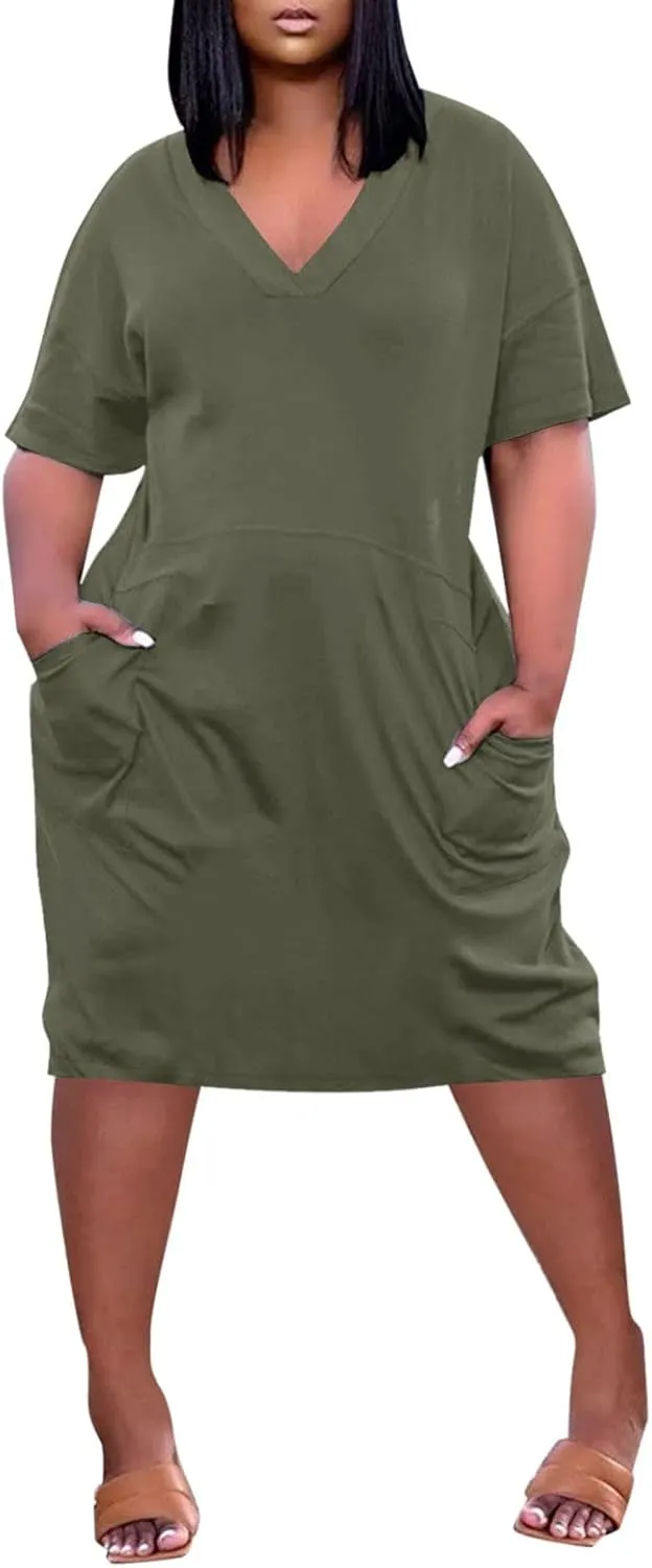 Plus Size Dresses for Women Oversized T Shirt Dress Loose Fit V Neck Short Sleeve Midi Dress Soft Cotton Nightgowns