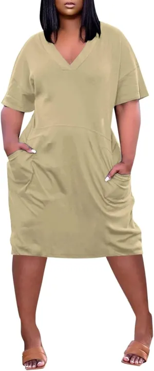 Plus Size Dresses for Women Oversized T Shirt Dress Loose Fit V Neck Short Sleeve Midi Dress Soft Cotton Nightgowns