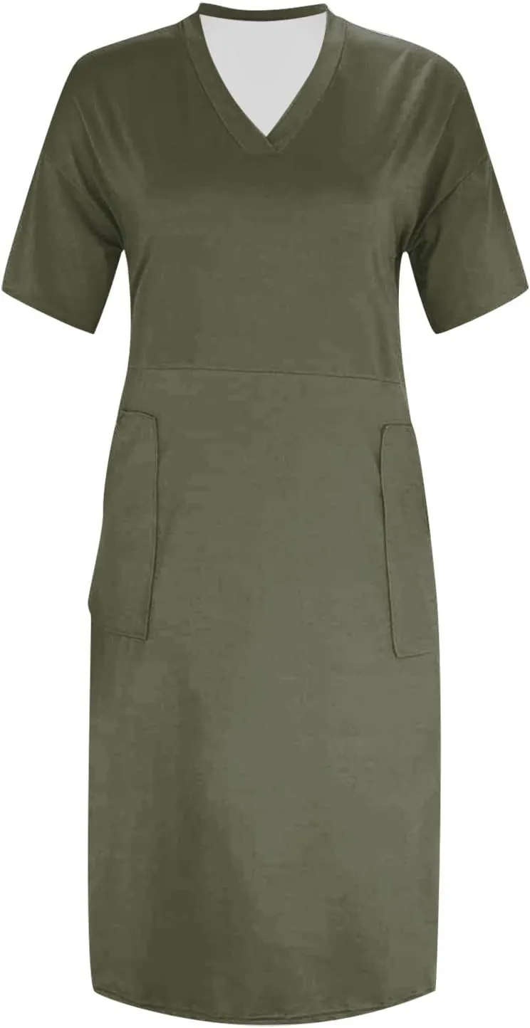 Plus Size Dresses for Women Oversized T Shirt Dress Loose Fit V Neck Short Sleeve Midi Dress Soft Cotton Nightgowns
