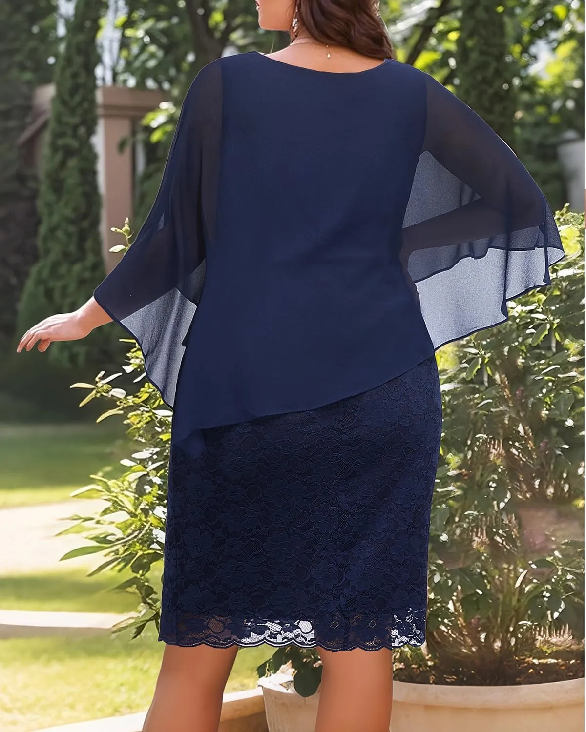 Plus Size Dresses Wedding Guest - Mother Bride Semi Formal Lace Cape with Chiffon Overlay Dresses