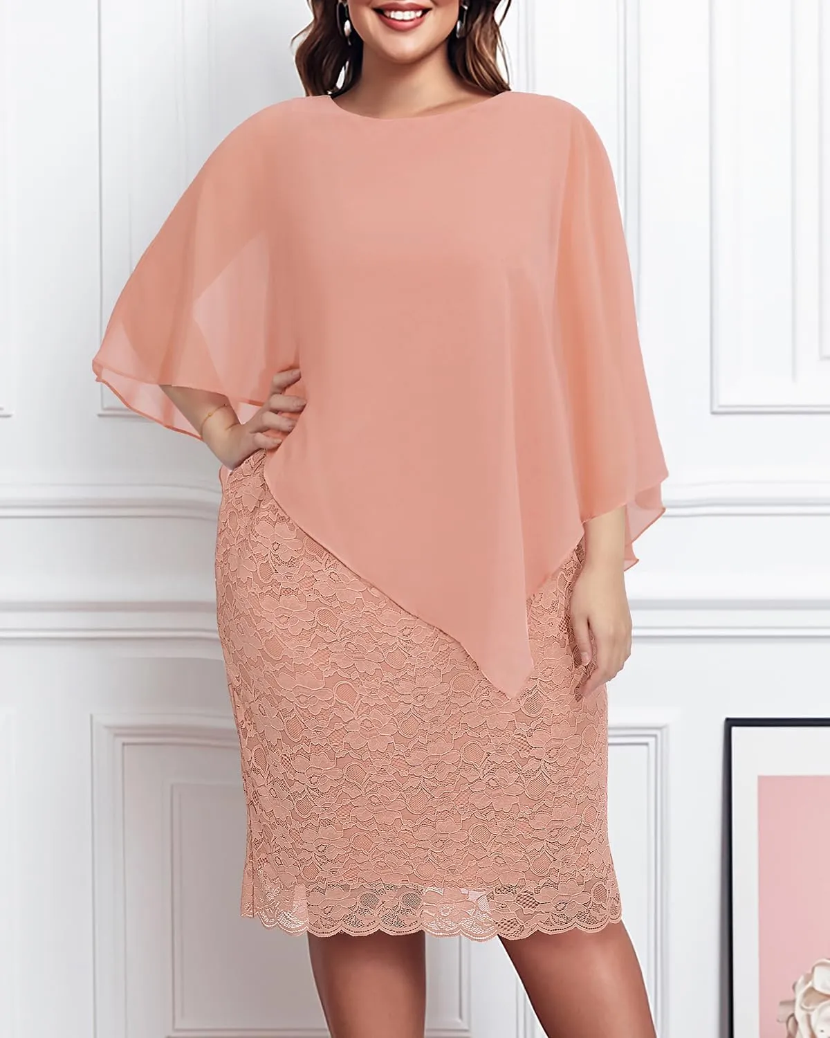 Plus Size Dresses Wedding Guest - Mother Bride Semi Formal Lace Cape with Chiffon Overlay Dresses