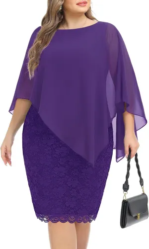 Plus Size Dresses Wedding Guest - Mother Bride Semi Formal Lace Cape with Chiffon Overlay Dresses