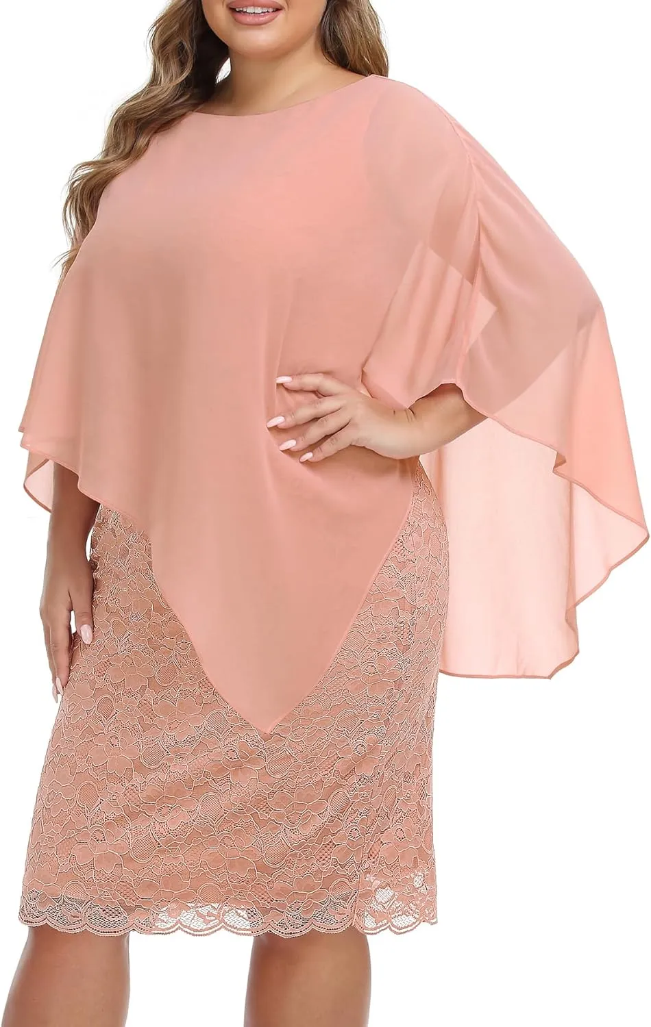 Plus Size Dresses Wedding Guest - Mother Bride Semi Formal Lace Cape with Chiffon Overlay Dresses