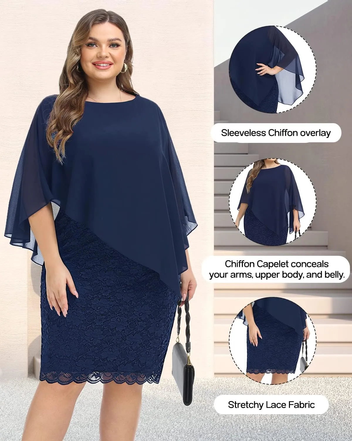 Plus Size Dresses Wedding Guest - Mother Bride Semi Formal Lace Cape with Chiffon Overlay Dresses