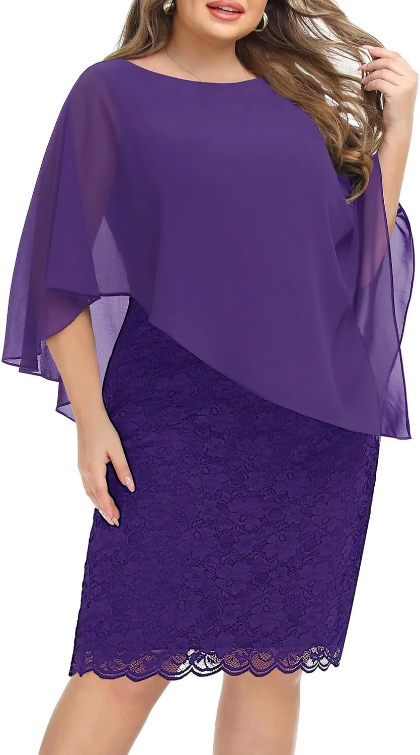 Plus Size Dresses Wedding Guest - Mother Bride Semi Formal Lace Cape with Chiffon Overlay Dresses