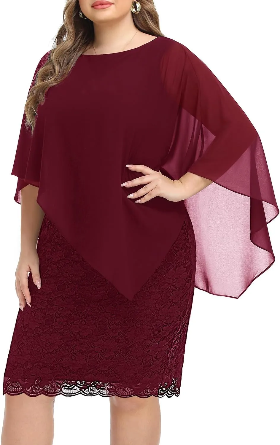 Plus Size Dresses Wedding Guest - Mother Bride Semi Formal Lace Cape with Chiffon Overlay Dresses