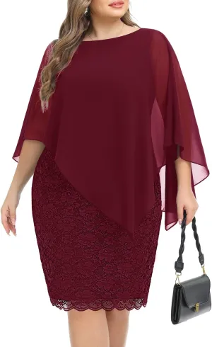 Plus Size Dresses Wedding Guest - Mother Bride Semi Formal Lace Cape with Chiffon Overlay Dresses