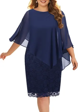 Plus Size Dresses Wedding Guest - Mother Bride Semi Formal Lace Cape with Chiffon Overlay Dresses