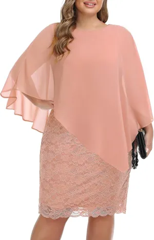 Plus Size Dresses Wedding Guest - Mother Bride Semi Formal Lace Cape with Chiffon Overlay Dresses