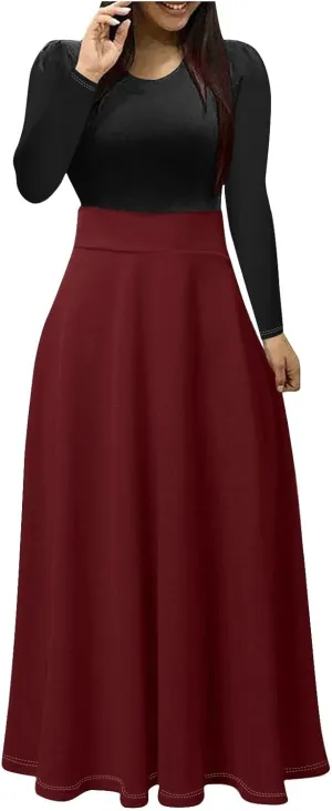 Plus Size Formal Dresses for Women Elegant Long Sleeve Color Block Elastic Waist Maxi Dress Causal Slim Ruffle Dress