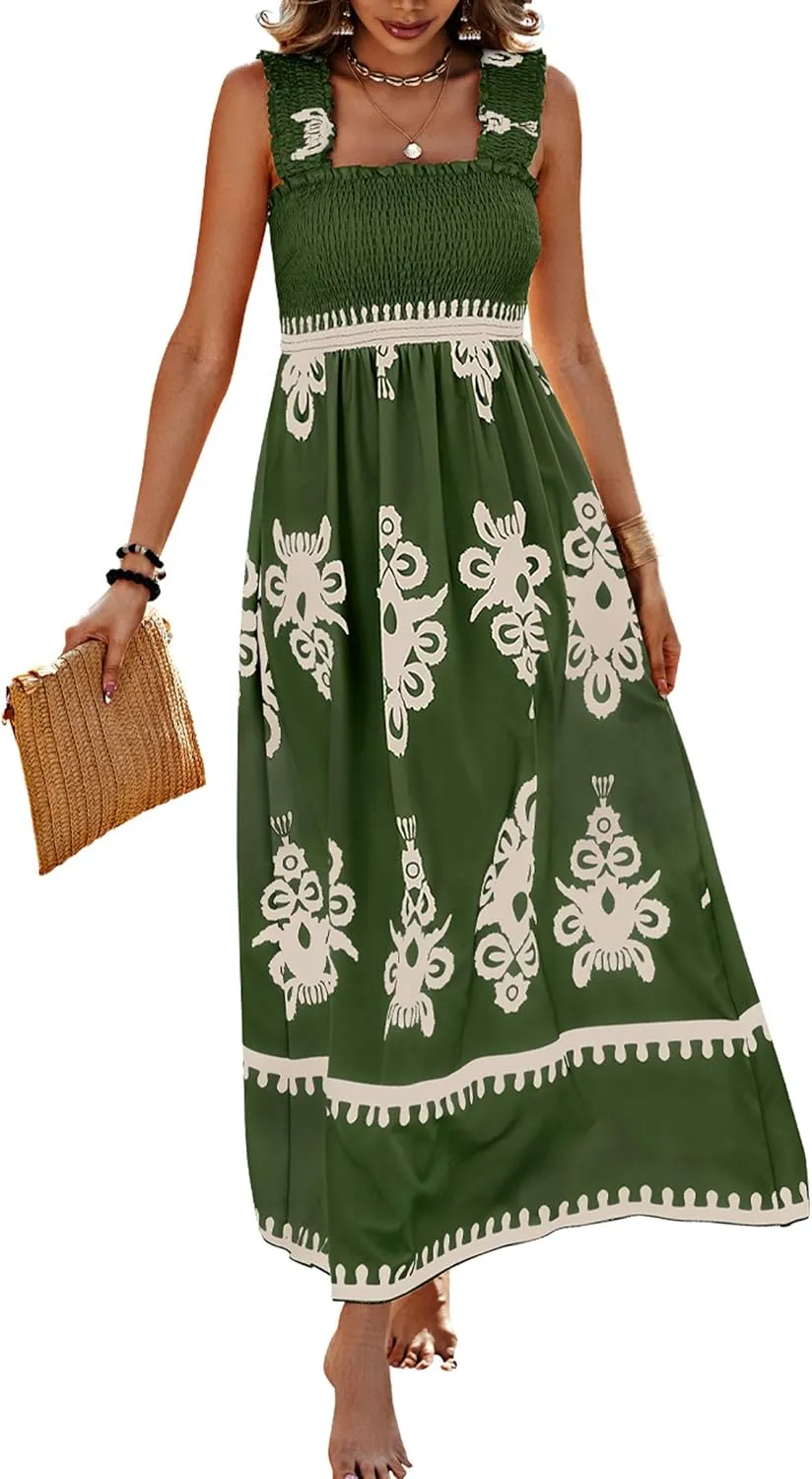 PRETTYGARDEN Womens Summer Boho Maxi Dress 2025 Casual Sleeveless Square Neck Floral Aline Smocked Beach Dresses with Pockets