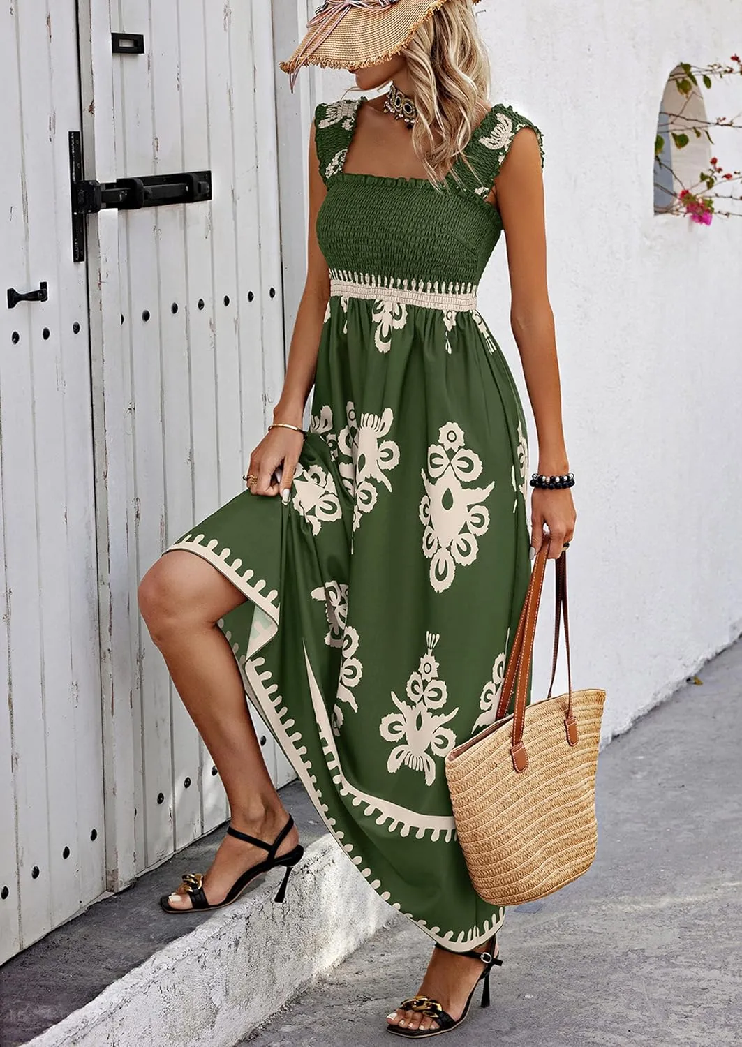 PRETTYGARDEN Womens Summer Boho Maxi Dress 2025 Casual Sleeveless Square Neck Floral Aline Smocked Beach Dresses with Pockets