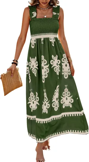 PRETTYGARDEN Womens Summer Boho Maxi Dress 2025 Casual Sleeveless Square Neck Floral Aline Smocked Beach Dresses with Pockets