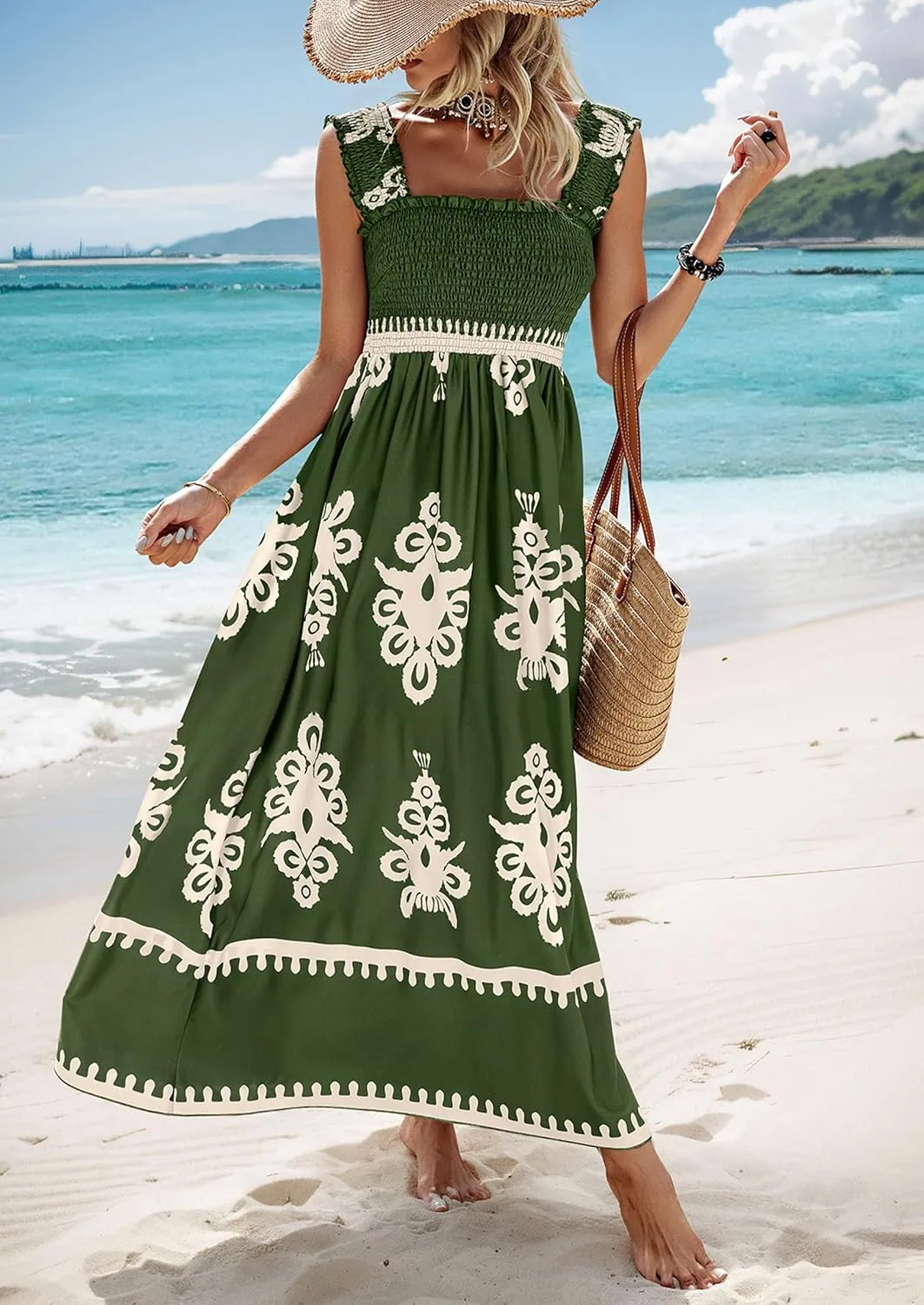 PRETTYGARDEN Womens Summer Boho Maxi Dress 2025 Casual Sleeveless Square Neck Floral Aline Smocked Beach Dresses with Pockets