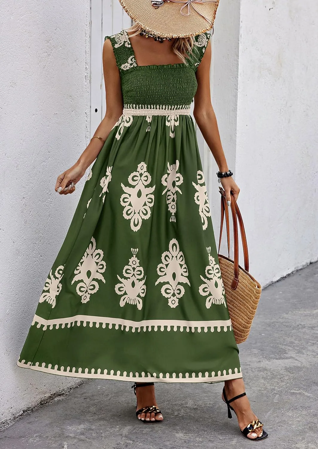 PRETTYGARDEN Womens Summer Boho Maxi Dress 2025 Casual Sleeveless Square Neck Floral Aline Smocked Beach Dresses with Pockets