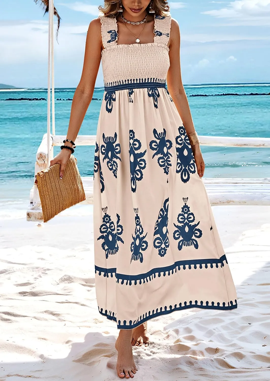 PRETTYGARDEN Womens Summer Boho Maxi Dress 2025 Casual Sleeveless Square Neck Floral Aline Smocked Beach Dresses with Pockets